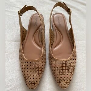 BareTraps Tan Cork Slingback Flats with Geometric Design